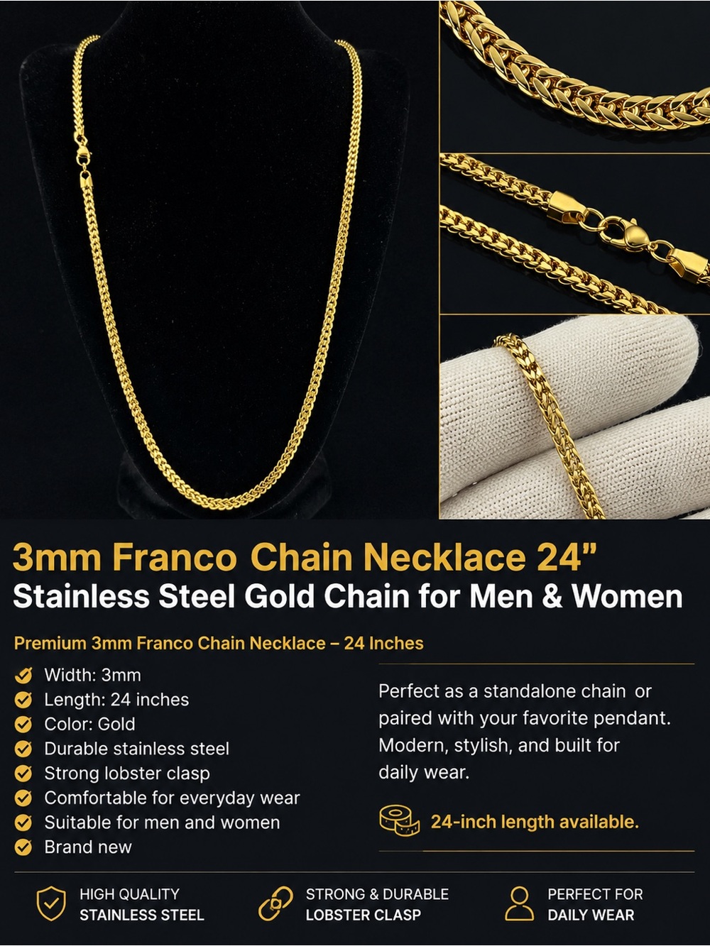 24" Gold Franco Chain Necklace — 3mm Polished Gold Link for Women
